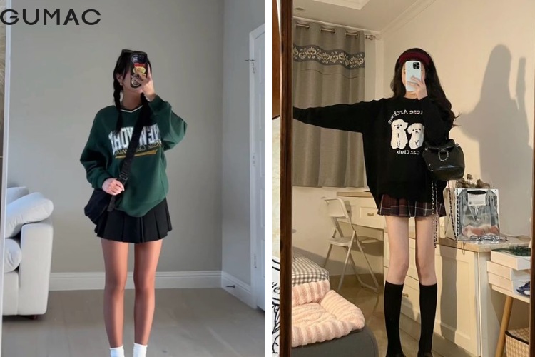 Áo hoodie mix chân váy xòe